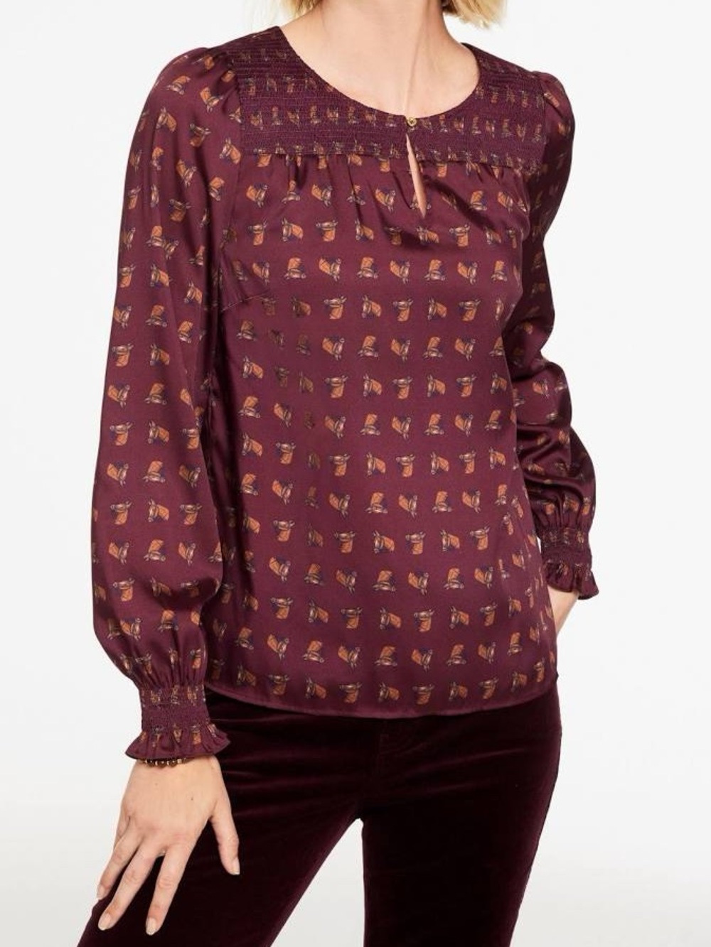 Talbots Equestrian Blouse M Horse Print Novelty Boho Peasant Smocked Silky